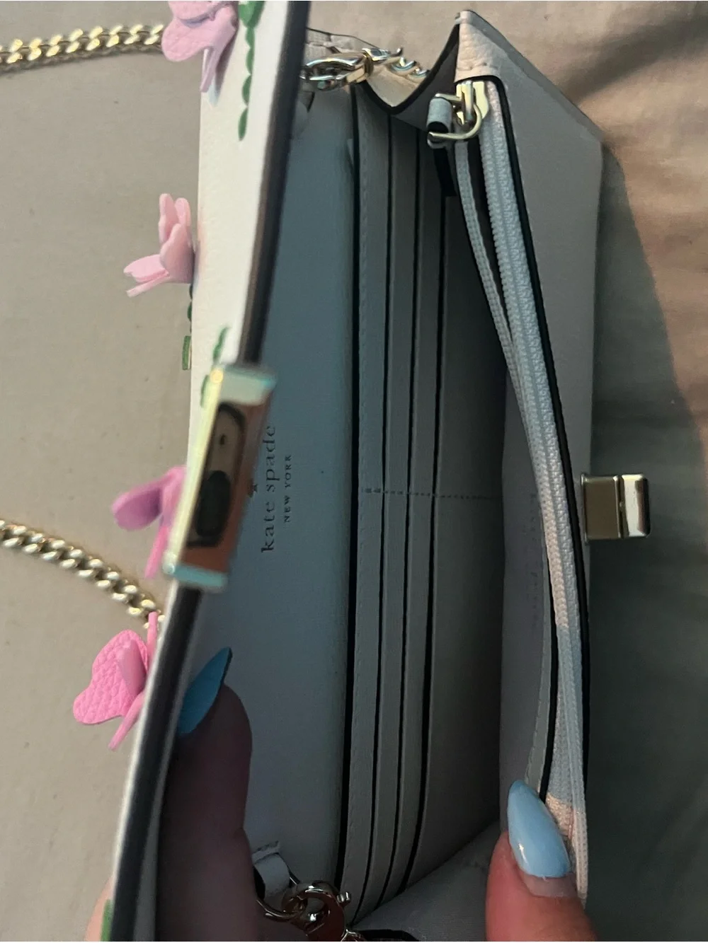 kate spade White Floral Appliqué Crossbody with Gold Chain